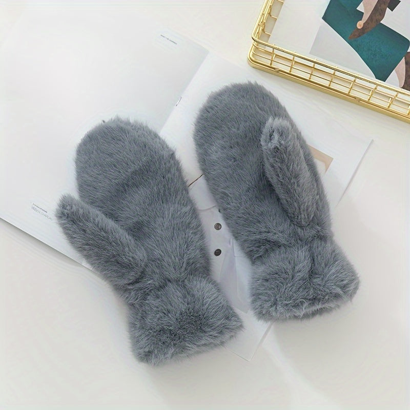 1 Pair Women’s Cozy Faux Fur Mittens - Thick, Warm & Soft Beige Winter Gloves for Outdoor Activities, Hand Washable Polyester