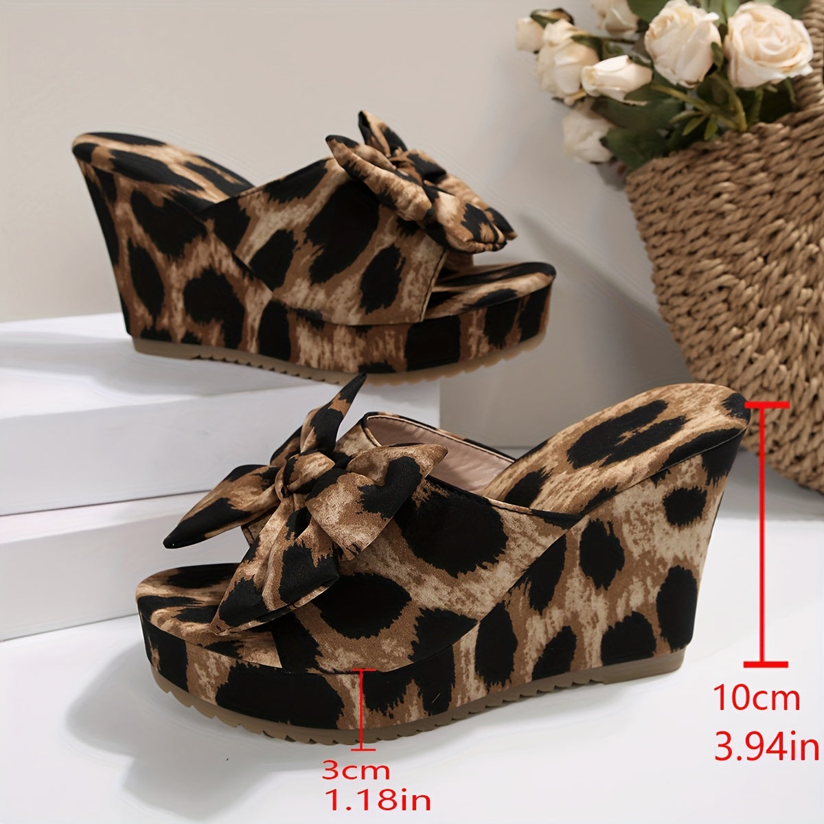 Women's Leopard Print Bow Slip-On High Heel Sandals - Stylish Summer Open-Toe Fabric Shoes with PU Sole for Casual or Formal Occasions, Casual Sandals | Opentoe Sandals | Fabric Upper Sandals