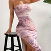 Women's Sexy Off-Shoulder Marble Print Midi Dress with High Side Slit - Stretchy, Knee-Length, Abstract Blue & Gray Pattern, Ruched Front, Summer Chic