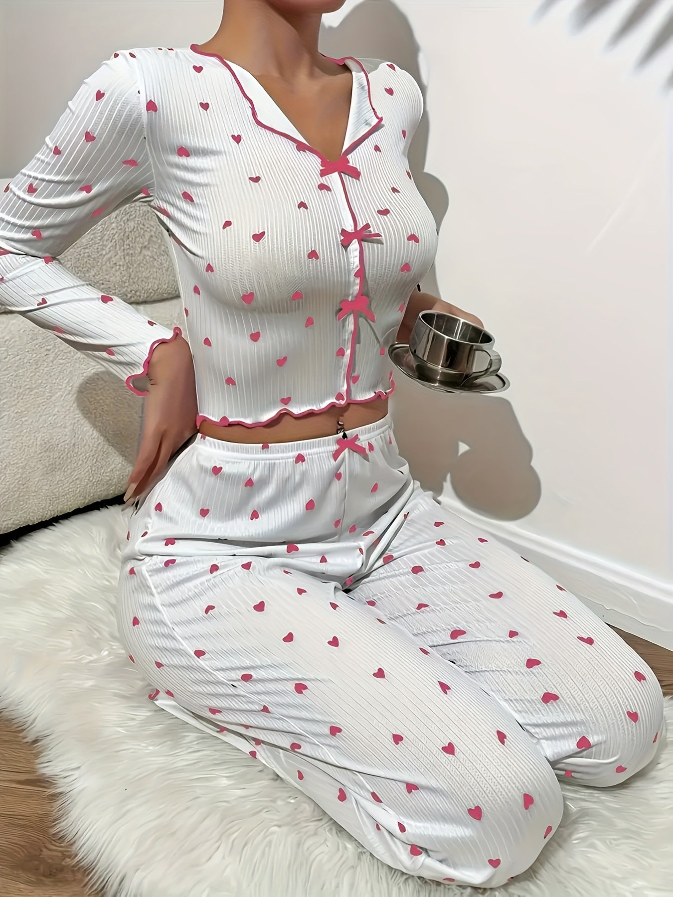 Autumn New Product Love Print Collar Spiral Jacquard Women's Long Sleeve Long Pants Home