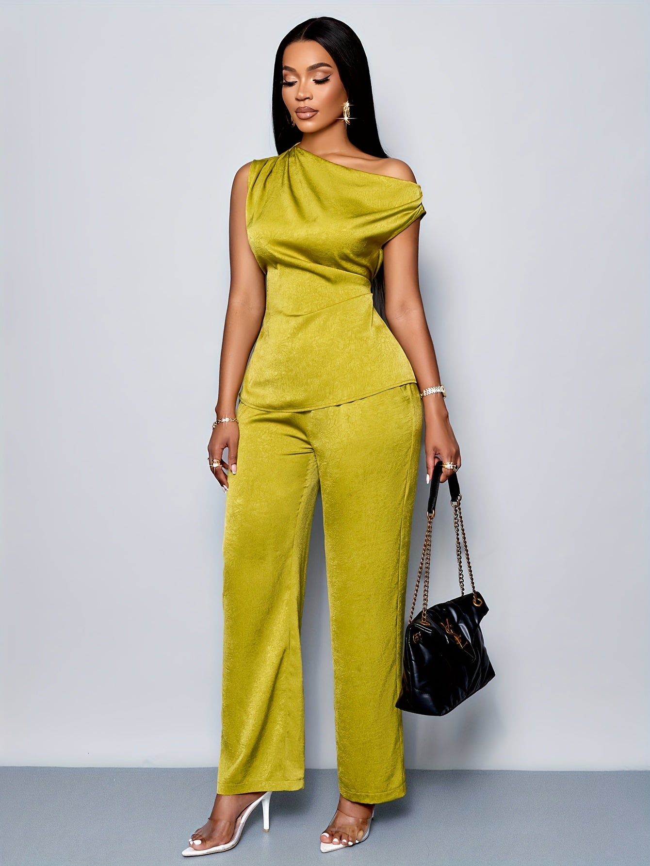 Women'S Casual Solid Color Asymmetrical Neck Top and Pants Set, Sexy Fashionable Business Commute Two-Piece Outfit for Office Work, Polyester Elastane, Spring/Summer Collectio