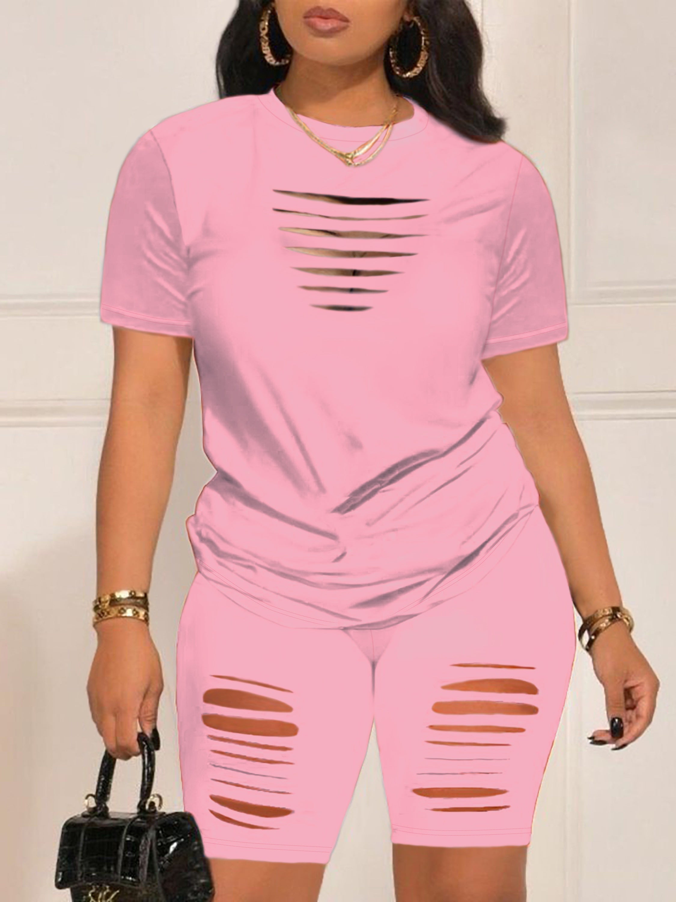 Summer Shorts Set - Pantsuits for Women, Crew Neck Short Sleeve Top & Shorts Outfits, Ripped Casual Clothing for Spring and Summer, Comfortable and Stylish Women's Clothing