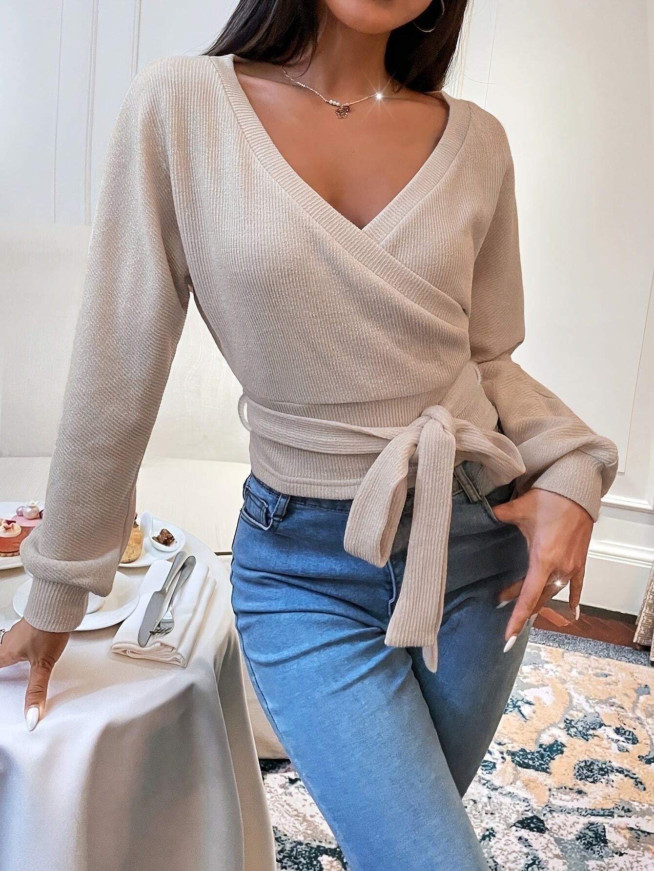 Chic Beige V-Neck Long Sleeve Knit Sweater with Tie Waist & Hem, Ribbed Cuffs - Stylish Fall/Winter Women’s Top for Casual or Sexy Outfits, Casual Women's Wear | Sexy Knitwear | Stylish Bow Design, Ladies Sweaters