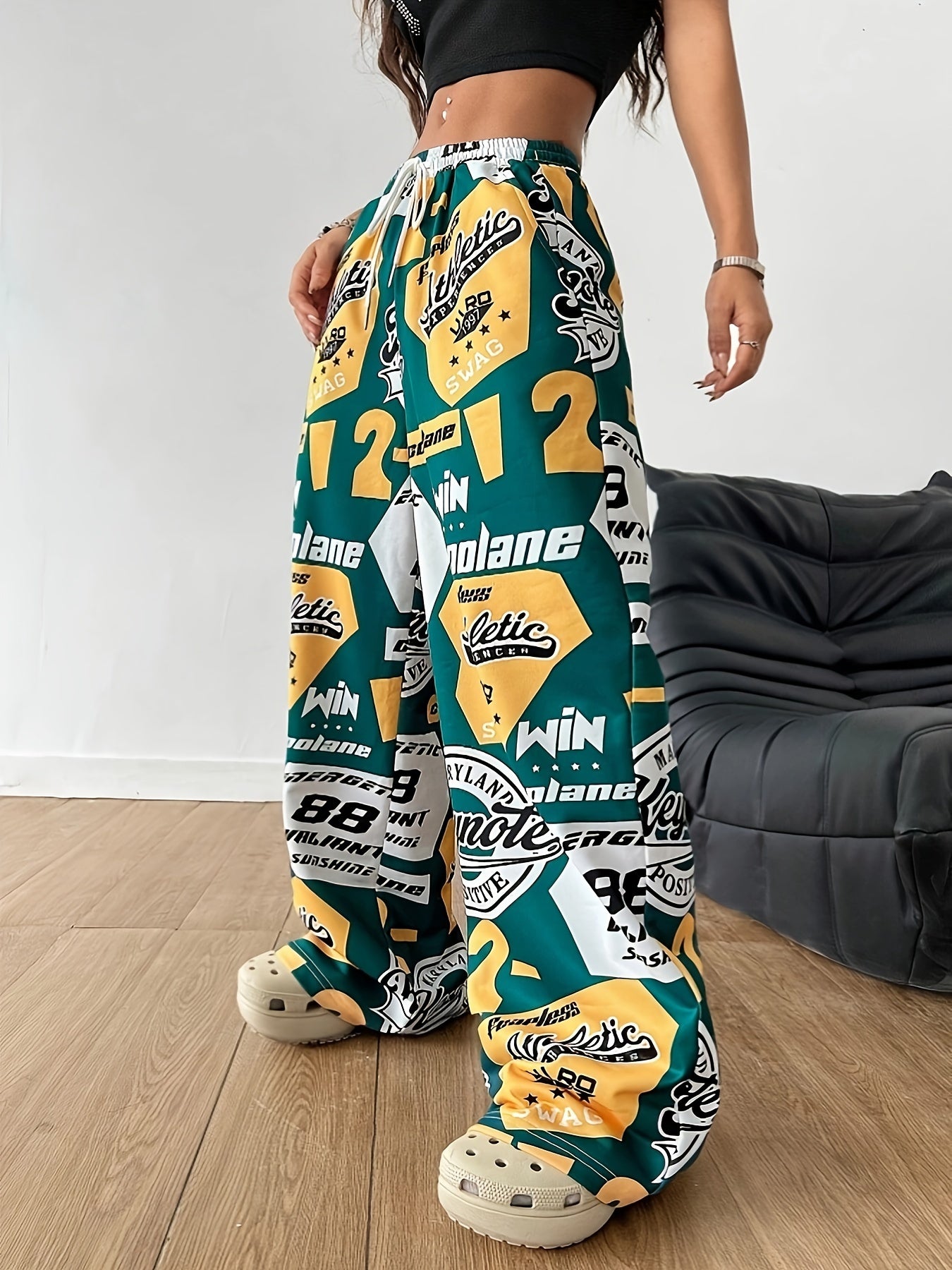 Women'S Y2K-Inspired Wide-Leg Athletic Pants with "Paris" Tank Top - Green, White, and Yellow Graphic Print, Drawstring Waist, Casual Sportswear, Casual Sportswear | Graphic Print Pants | Drawstring Waistband, Athletic Wear