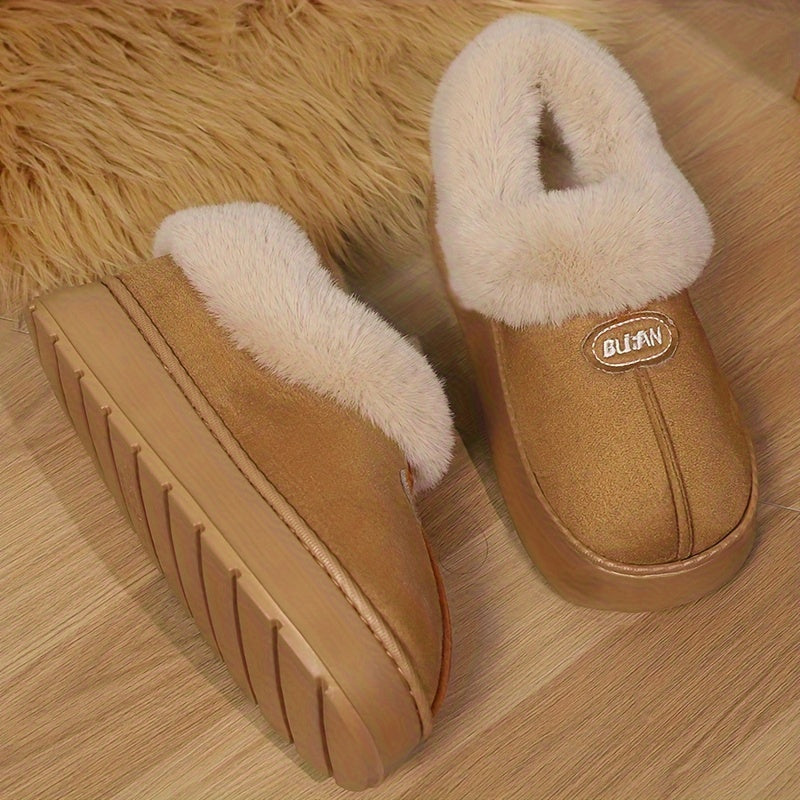 Women'S Preppy Solid Color Slip on Furry Slippers, Soft Warm Plus Fleece House Shoes with Round Toe, EVA Sole, Fabric Upper and Inner Material, Casual All-season Slippers