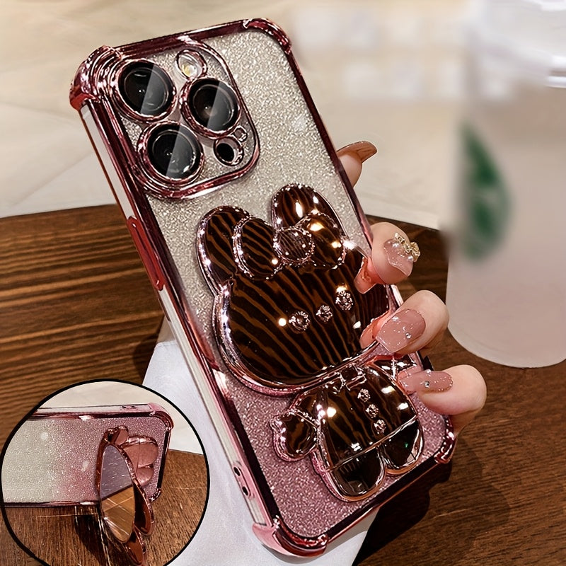 New Luxury Diamond-Inlaid Sparkling Invisible Makeup Mirror Mobile Phone Holder with Lens Protection, Cute Rabbit Holder Mobile Phone Case, Suitable for iPhone11/12/13/14/15/16 Pro Max/plus Mobile Phone Case Luxury Halloween-