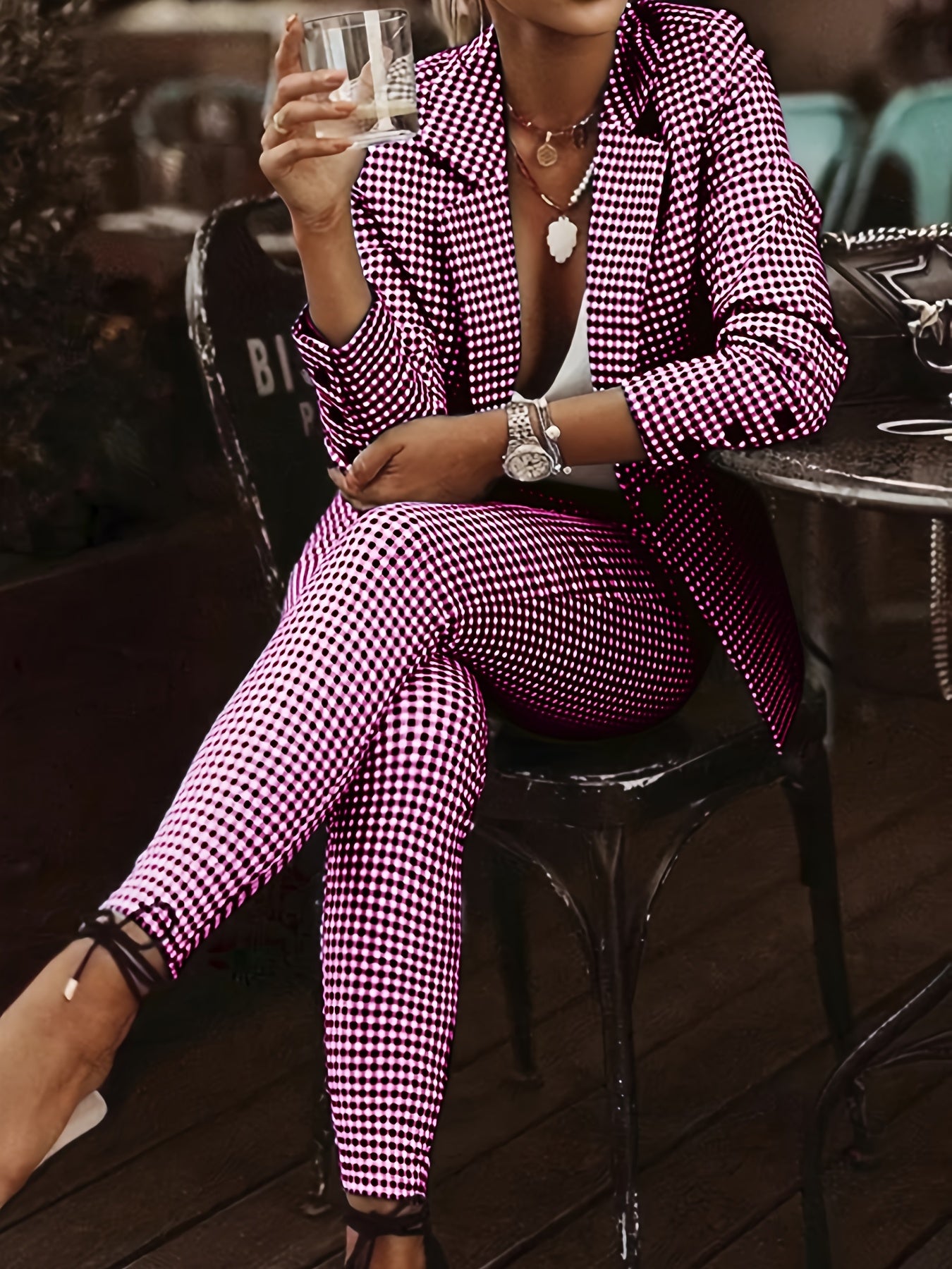 Print Blazer Set Elegant Women's Houndstooth Print Blazer - Casual Polyester Two-Piece with Lapel Collar, Long Sleeves & High-Waisted Pants, Machine Washable - Perfect for Work or Social Outings