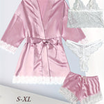 Women's Plus Sexy Lounge Set - Plus Size Satin Contrast Eyelash Lace Belted Nightgown & Camisole & Panty & Shorts With Free Eye Mask - For Women - Perfect for Lounging & Sleepwear - Ideal Gift for Her