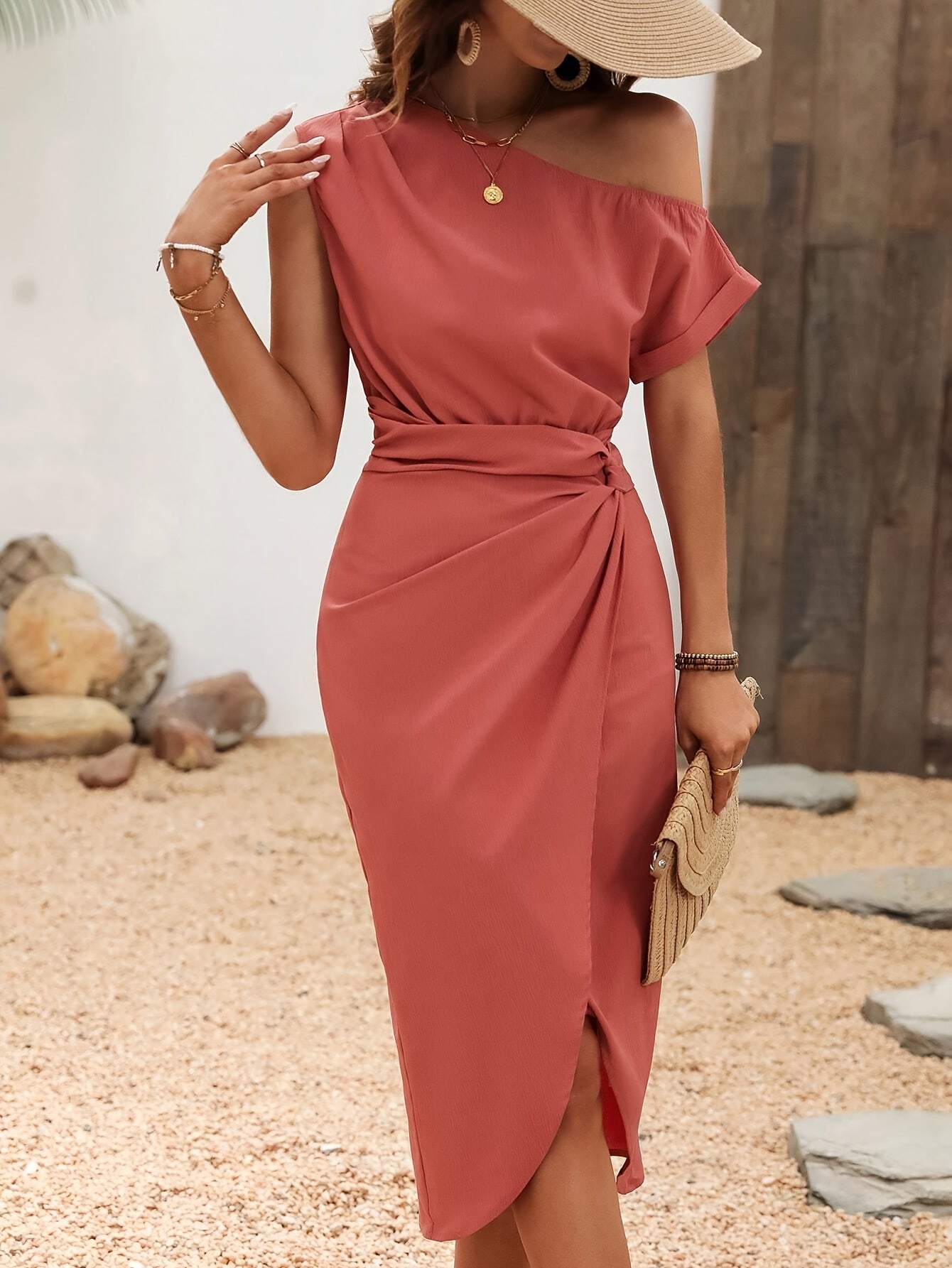Delphinium Directional YY0112146 Women's Solid Color Asymmetrical Collar and Ruffle Detail Dress Long Length
