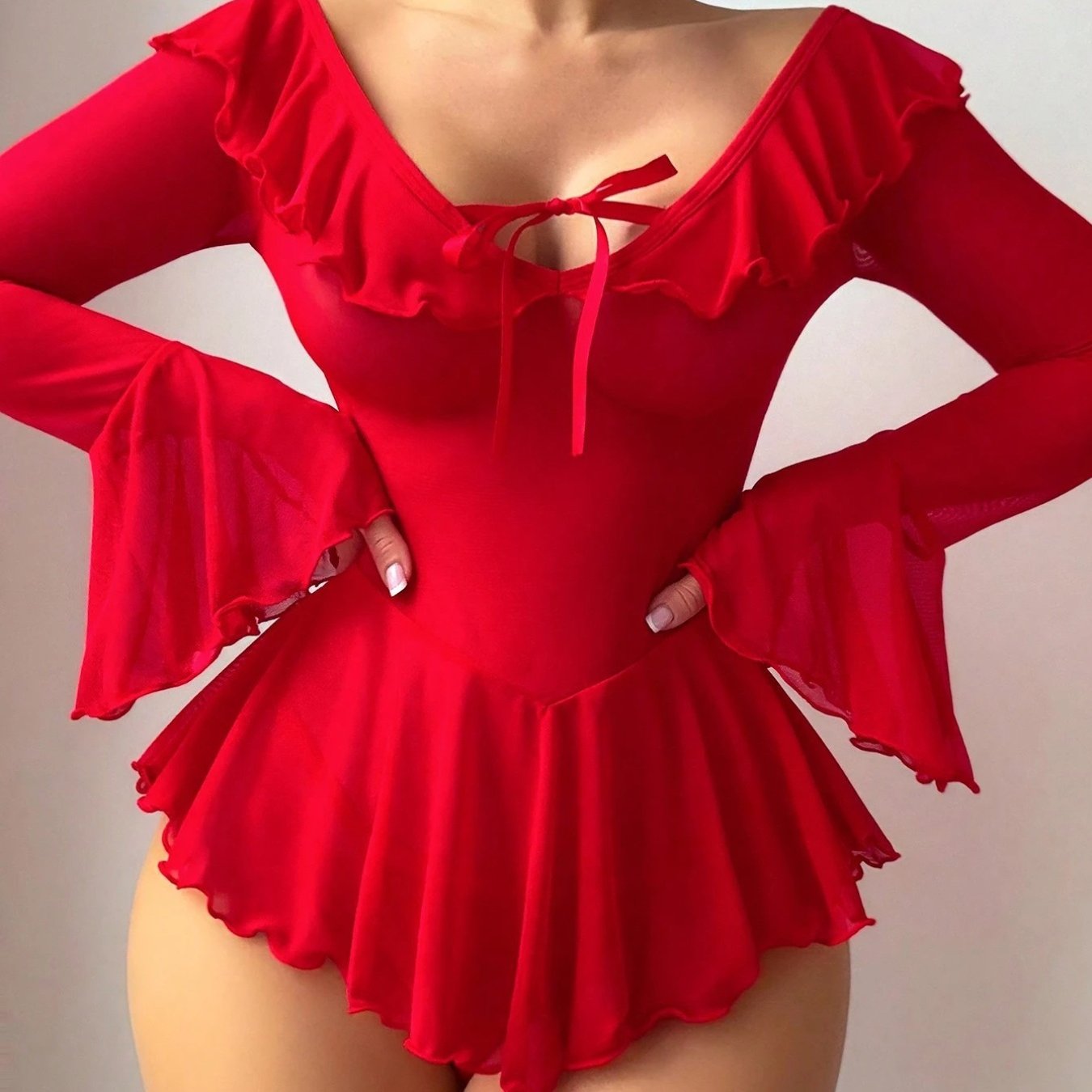 Women Lingerie Chemise Nightdress Solid Color See-Through Ruffles Dress Nightgown Sleepwear Slips Nightie with Thong