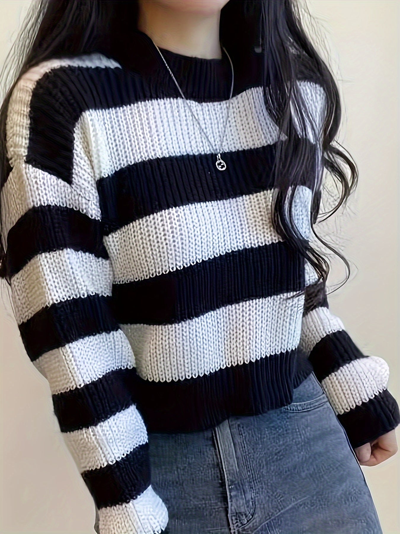 Women's Striped Long Sleeve Sweater - Casual Loose Fit, Black and White Knit Pullover for Fall, Soft Polyester Blend, Spring Summer Apparel|Horizontally Striped|Knit Texture
