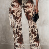 Women's High-Waisted Brown & White Tie-Dye Flare Pants - Slim Fit, Stretchy Casual Bell Bottoms with Fringe Detail, Machine Washable, All-Season Style, Versatile Fashion | Medium Elasticity, Cute Pants