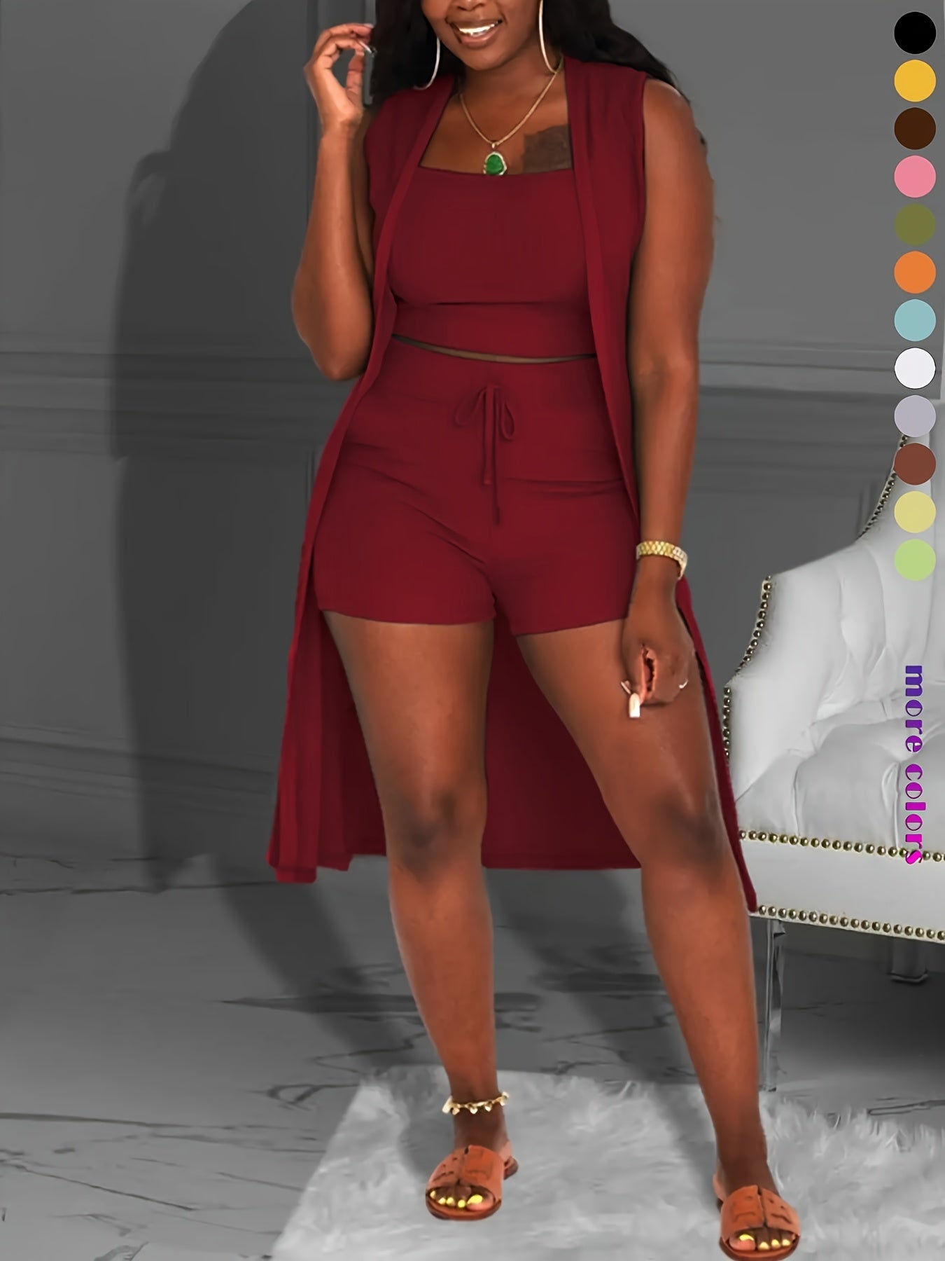 Women 3pcs Outfits Ribbed Sleeveless Kimono Cardigan Cover Up Tank Crop Tops Bodycon Shorts Tracksuit Lounge Sets, Casual Ribbed 3pcs Set, Crop Top+high Waisted Drawstring Pants+long Cardigan, Women's Clothing