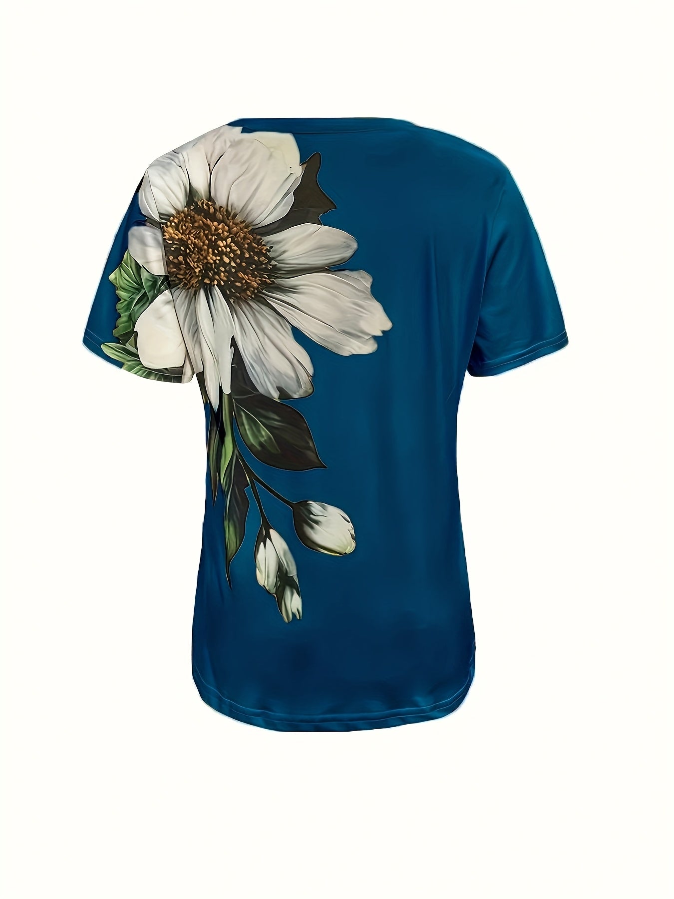 Women's Elegant Floral Print Short Sleeve T-Shirt - Bright Red with White Daisies and Green Leaves, Breathable Spring/Summer Casual Top | Floral Casual Tee | Comfort Fit, Women's T-Shirt