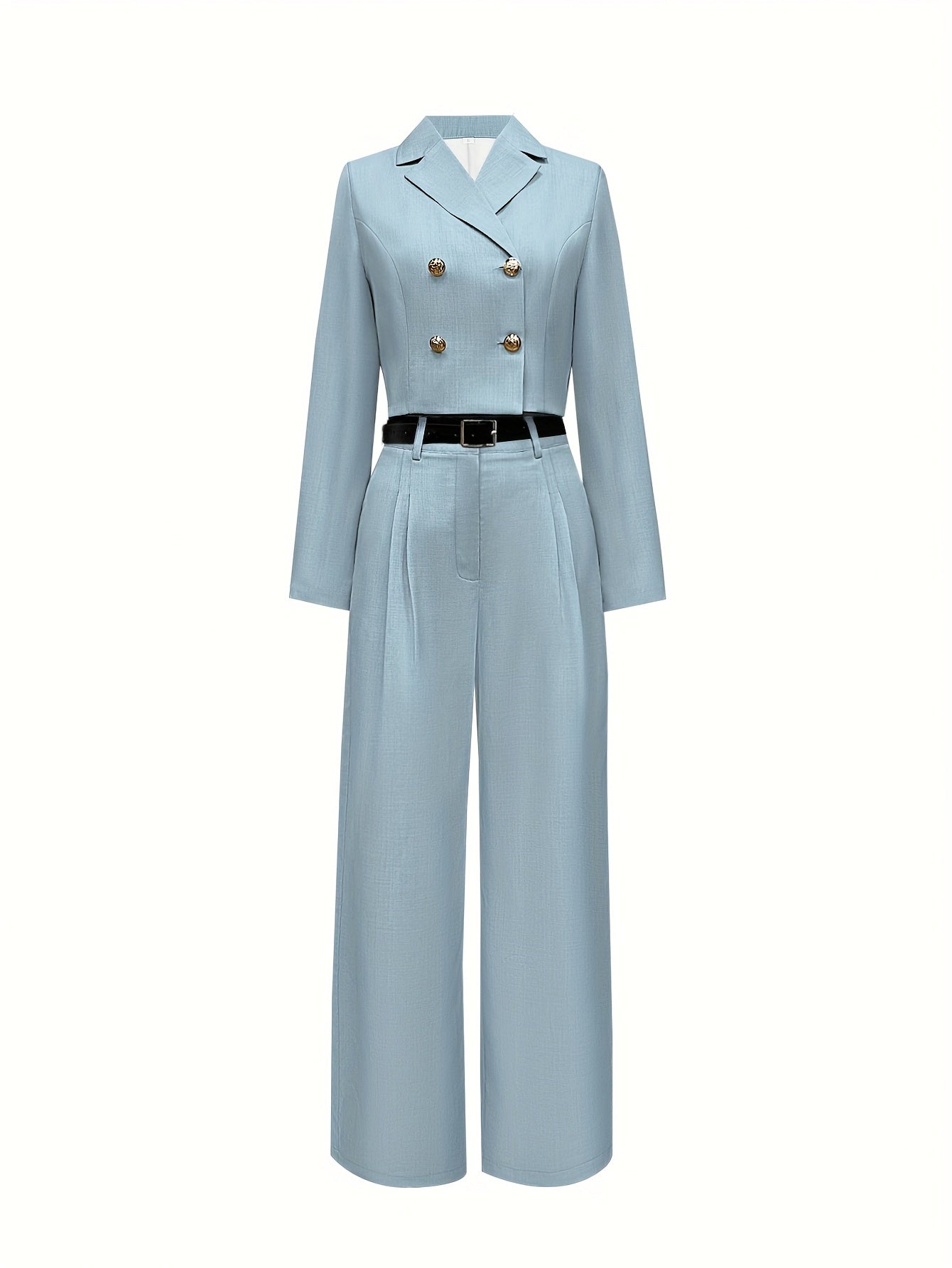 Elegant Two-Piece Long Sleeve Suit - Beige Polyester, Double-Breasted Blazer with Wide Lapels & High-Waisted Flared Pants, Stylish Accessory Bag, Perfect for Fall/Winter, Stylish Workwear | Elegant Two-Tone Suit | Polyester F