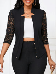 Elegant Women's Lace-Trimmed Open Front Blazer - Casual Commuter Jacket, Machine Washable, Polyester