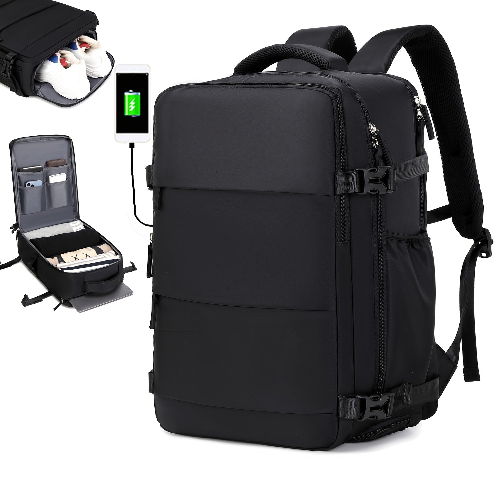 Airlines Approved Women'S Travel Backpack with Shoe Compartment, Casual Laptop Bag, Adjustable Strap, Zipper Closure, Polyester Lining, Solid Color, USB Powered - Multi-Color Options