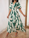 Vibrant Colorblock A-line Dress - Elegant Women's Spring & Summer Dresses with Cinched Waist, V Neck, Short Sleeves, and Flared Hem - Perfect for Outdoor Activities and Casual Events