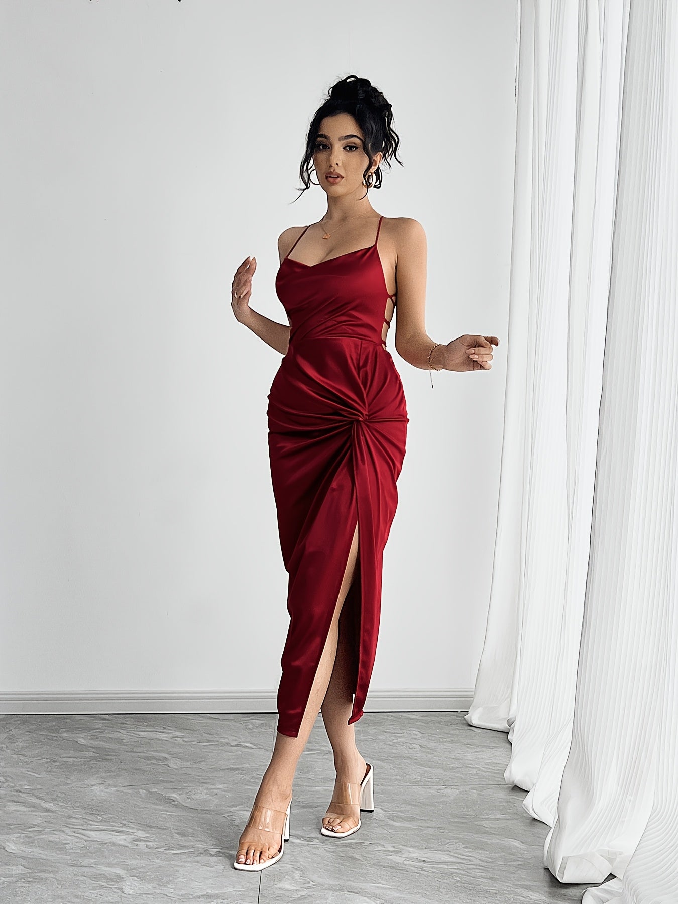 Elegant Backless Twist Knot Cross Strap Split Thigh Evening Dress, Polyester with Elastane, Machine Washable - All Seasons, Party Dress