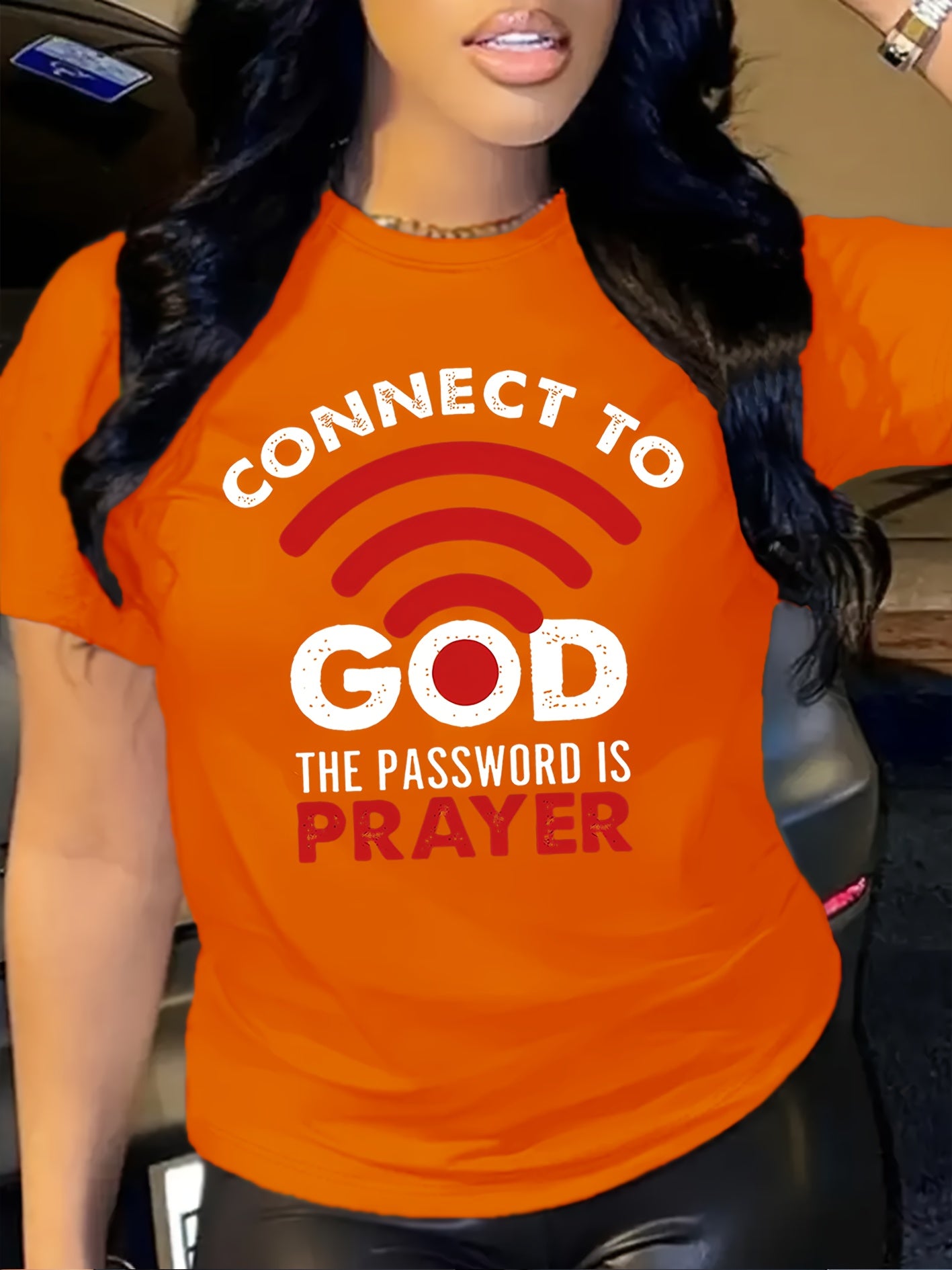 Women'S Casual Crew Neck T-Shirt with "Connect to God, The Password is Prayer" Print, Polyester 100%, Knit Fabric, 180g/m², All Seasons