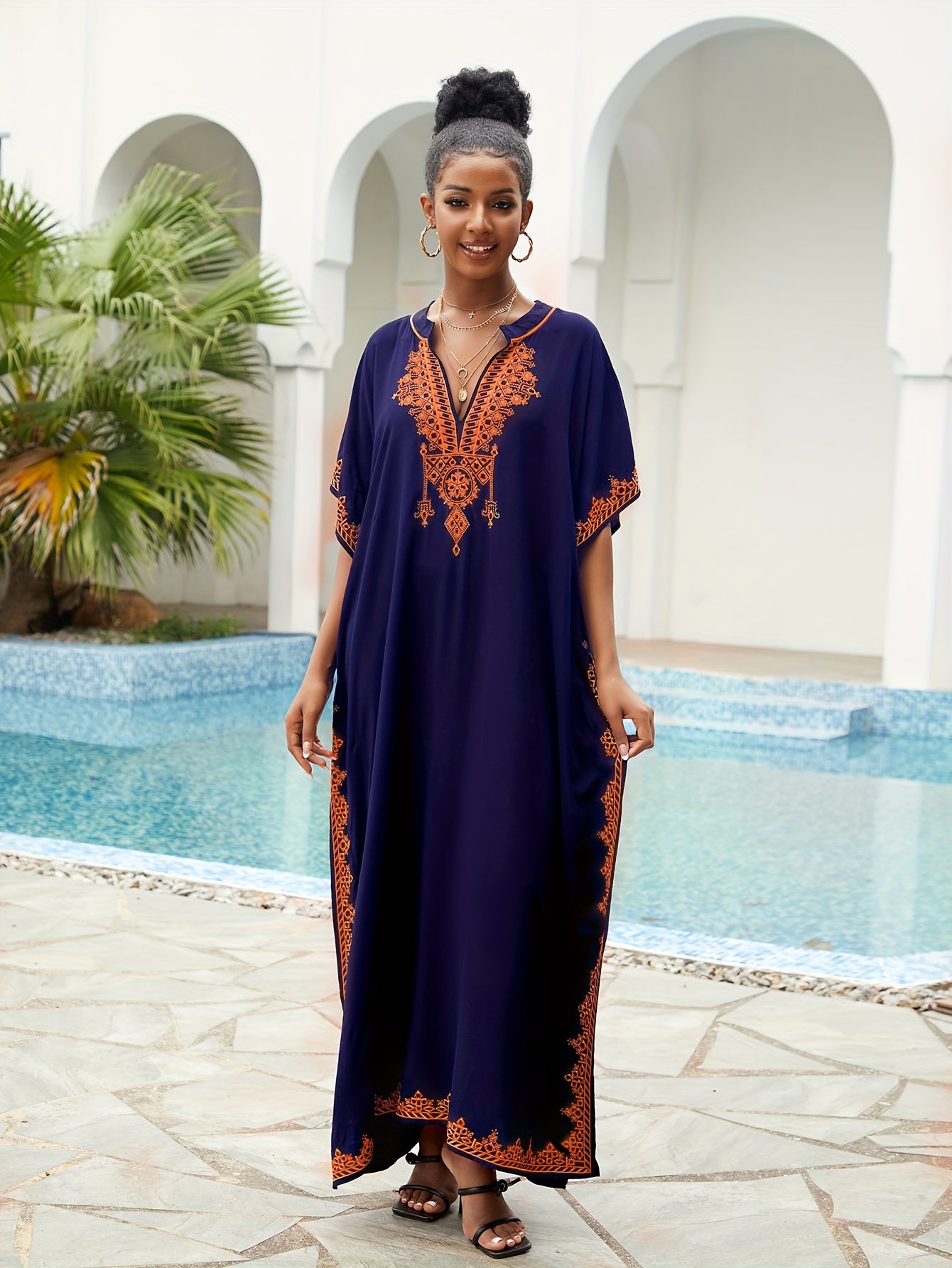 Bohemian Golden Embroidered Plus Size Maxi Dress with Bat Sleeves for Ramadan