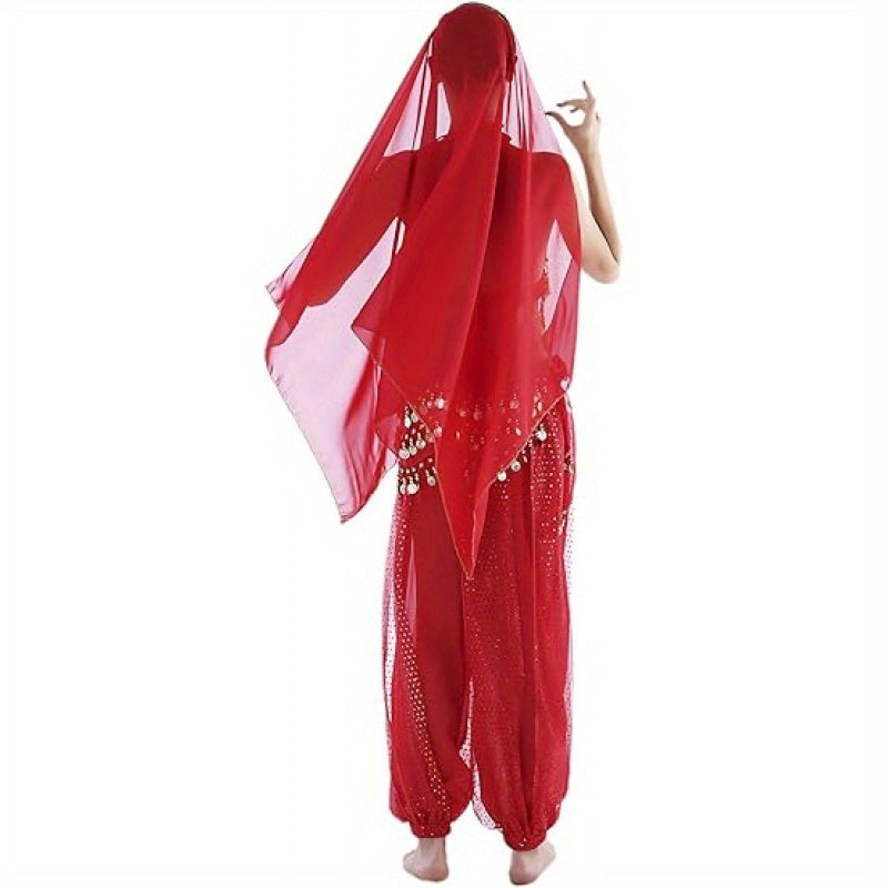 Glamorous 4pcs Indian Dance Costume Set - Headpiece, Bra, Trousers & Waist Chain - Vibrant Red & Golden Accents, Polyester Material - Perfect for Holidays, Performances & Festivals, Festival Attire|Exotic Attire|Polyester Cos
