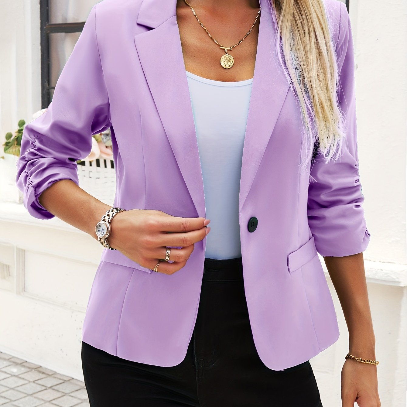 Women's Light Beige Casual Blazer - Open Front, 3/4 Sleeve, Polyester, Machine Washable, X-Shaped Silhouette, Perfect for Spring & Fall
