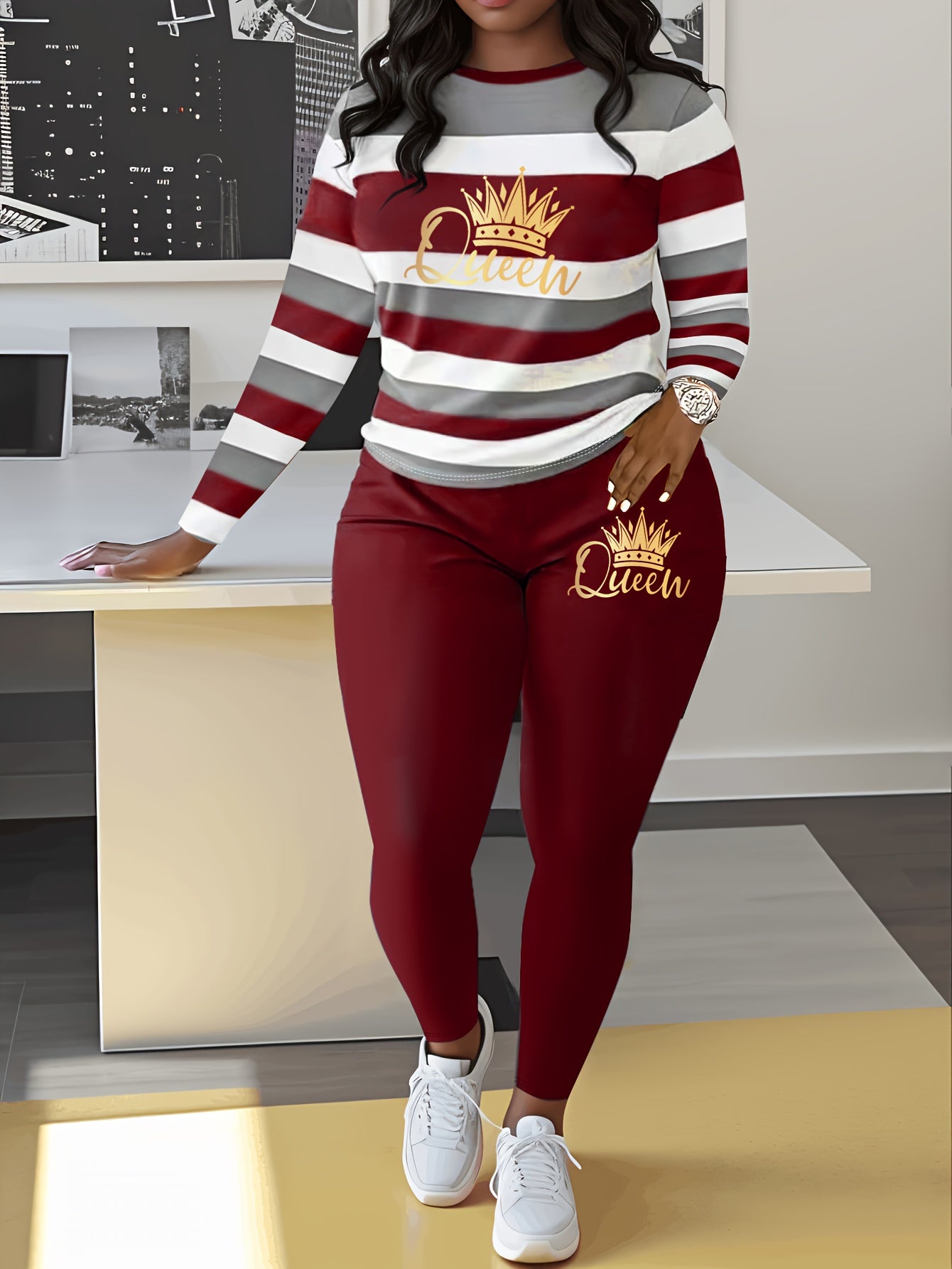 Women's Striped Crown Print Casual Tracksuit Set - Polyester & Elastane Knit Crew Neck Long Sleeve Top with Pants, No Belt - Fall/Winter Cozy Loungewear Suit (1 Top + 1 Pants)