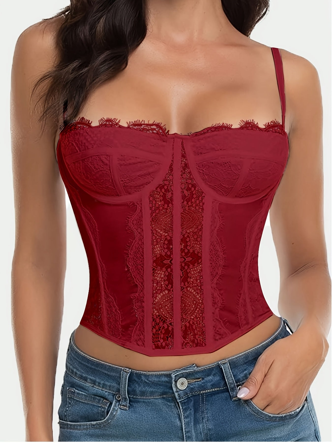 1pc Elegant Floral Lace Corset Top, Medium Support Sexy Going Out Party Club Top with Buckle, Nylon 77.00% Spandex 23.00% Elastane Material