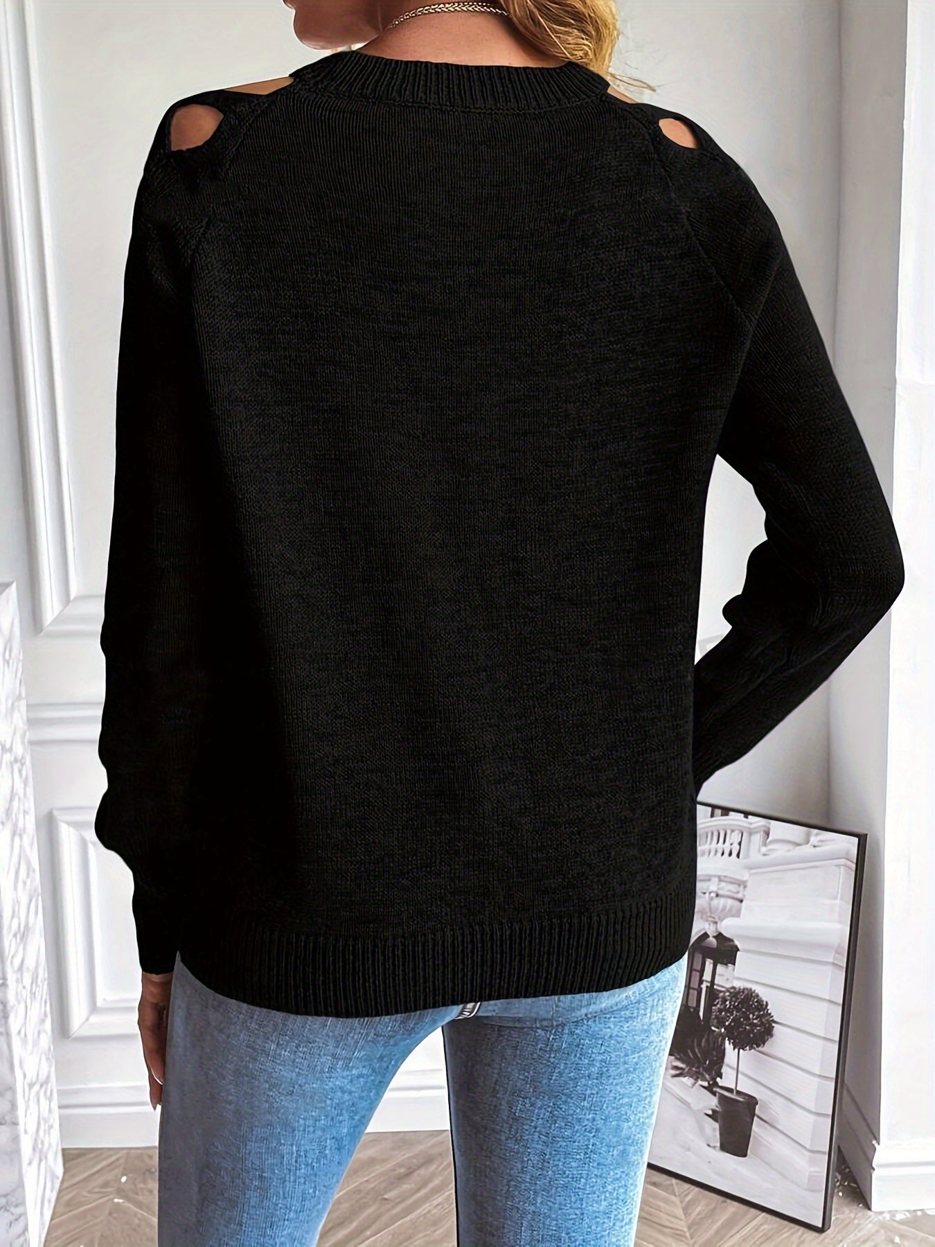 Chic Women's Black Pullover Sweater with Distressed Sleeves - Elegant Cut-Out Detail, Crew Neck, Long Sleeve, High Stretch Nylon/Polyester Blend, Perfect for Autumn Fashion