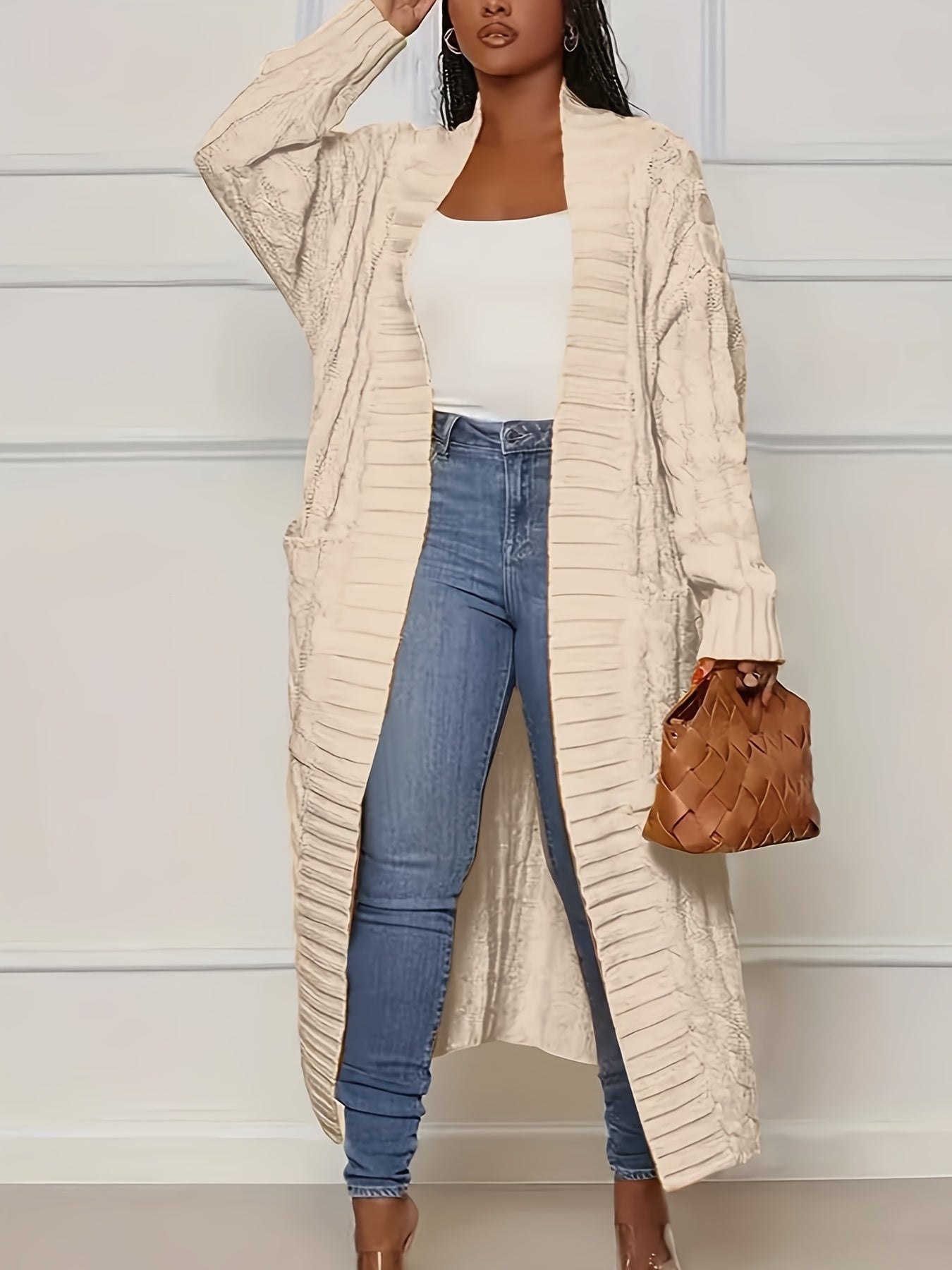 [Polyester Knit Cardigan] 100% Polyester Women's Casual Knit Cardigan - Solid Color Long Sleeve Open Front Sweater with Pockets - Versatile Knitwear for All Seasons