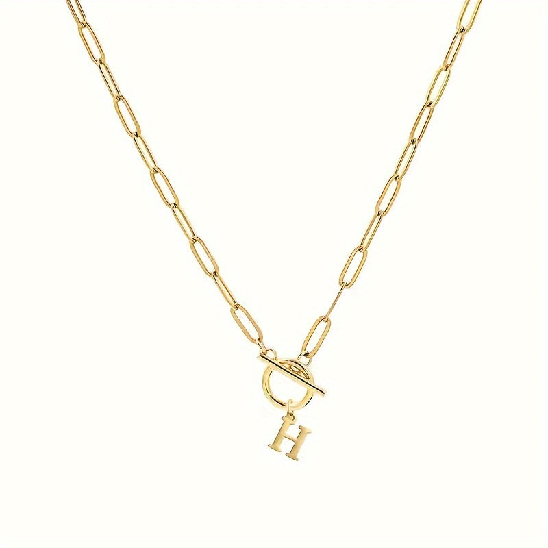Personalized Initial Letter Necklace – 18K Gold Plated Stainless Steel Capital Letter Pendant with Rectangular Paperclip Chain – Elegant & Cute Gift for Her
