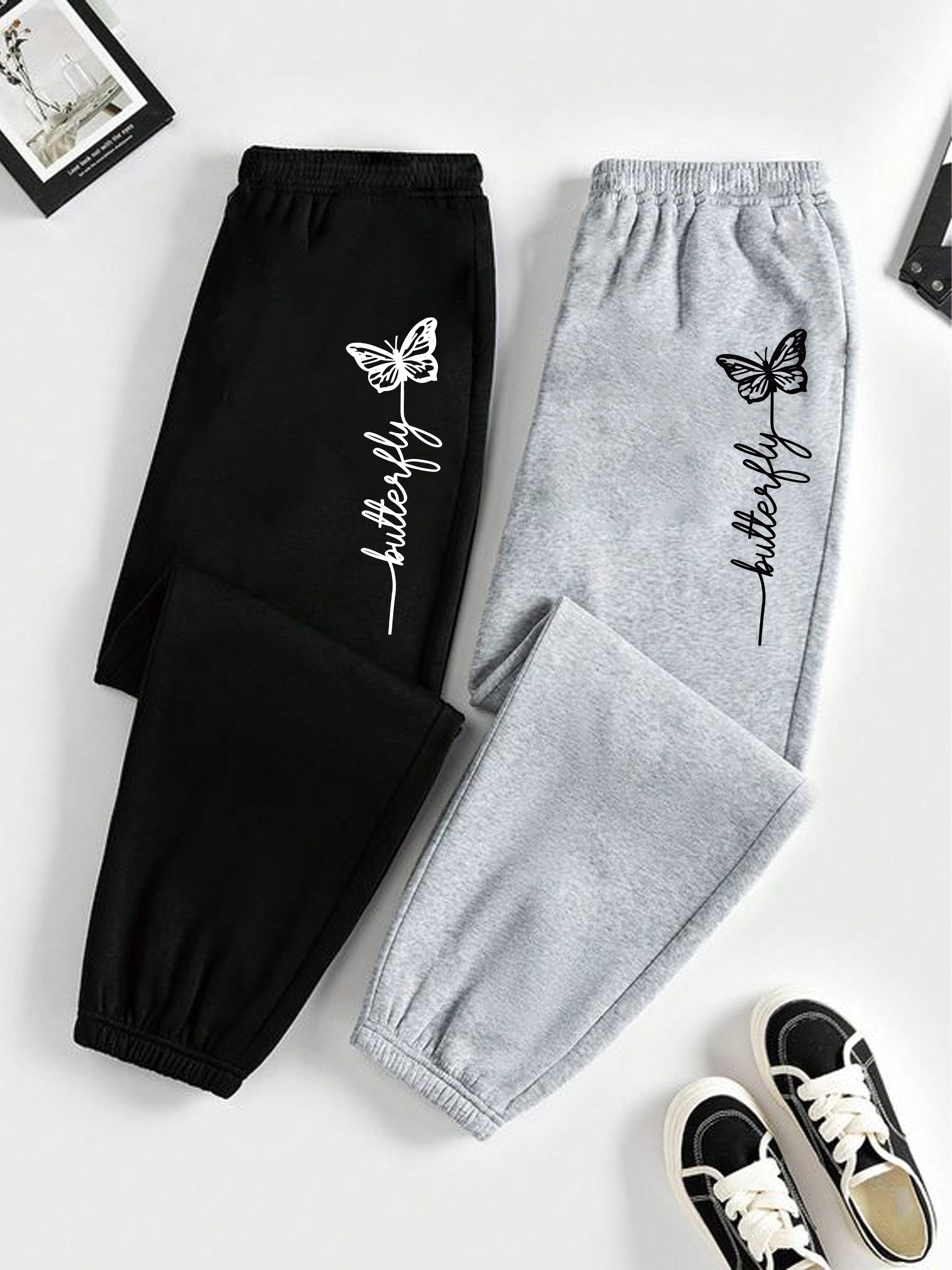 Women's Polyester Jogger Pants Pack of 2 - Casual Elastic Waist Sweatpants with Butterfly Print for Spring/Summer/Fall - Comfortable Knit Fabric Joggers with Precision Graphic, 95% Polyester 5% Elastane