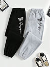 Women's Polyester Jogger Pants Pack of 2 - Casual Elastic Waist Sweatpants with Butterfly Print for Spring/Summer/Fall - Comfortable Knit Fabric Joggers with Precision Graphic, 95% Polyester 5% Elastane