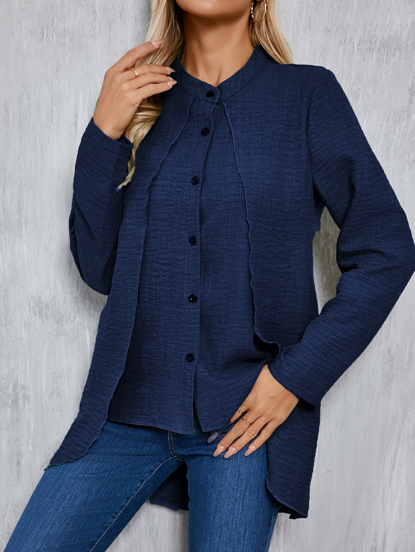 Solid Color Single Breasted Splicing Blouse, Elegant Long Sleeve Layered Blouse For Spring & Fall, Women's Clothing