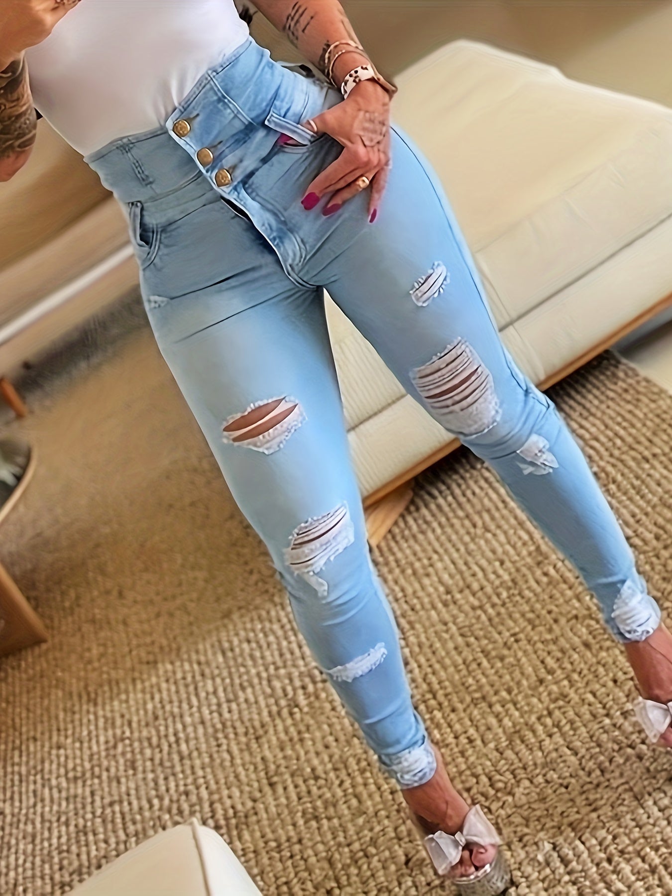 2025 New High Waist Distressed Vintage Denim Jeans, Women, Trendy Small Foot Trousers