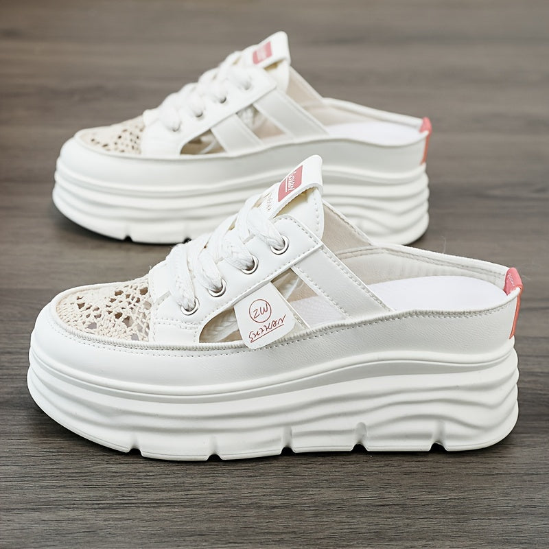 Comfortable Breathable Women's Platform Mule Sneakers, Casual Cutout Design Lace Up Summer Shoes