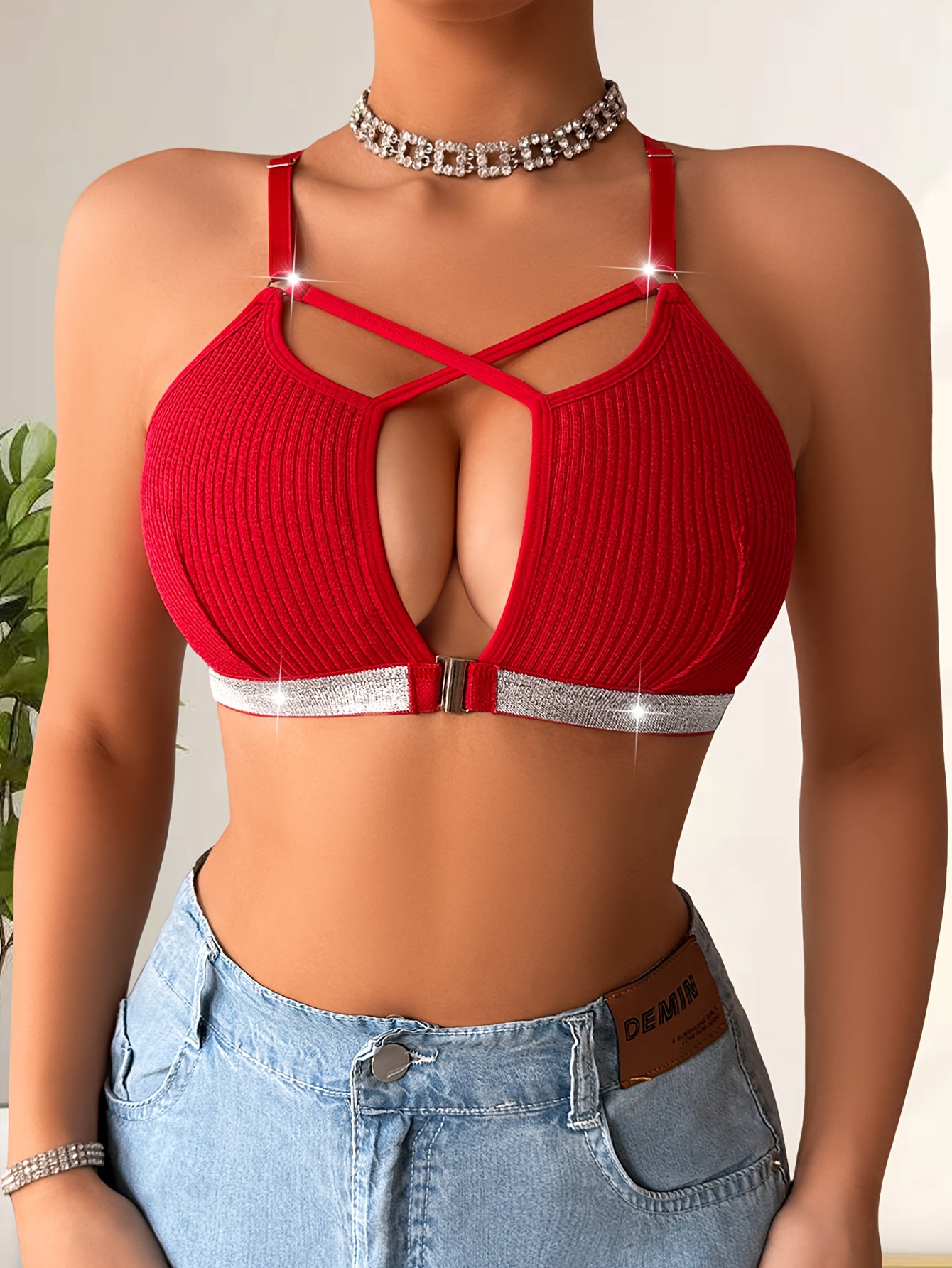 Women's vest with fashionable hollow out design, Silvery panel splicing, beautiful back cross strap, sexy mature charm, comfortable, soft and breathable Women's underwear and underwear