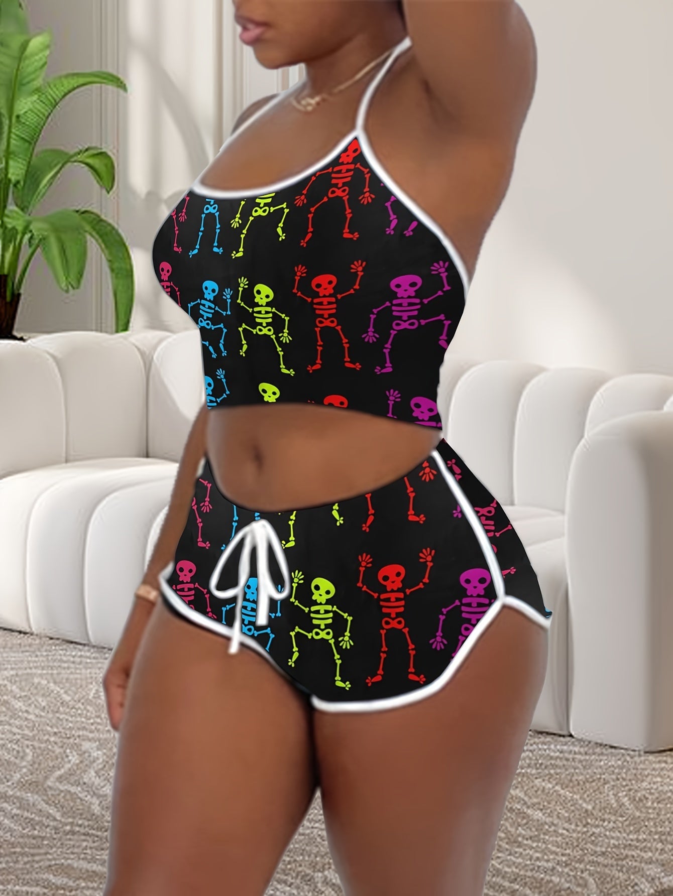 Sexy Solid Binding Lounge Set, Halter Neck Backless Crop Cami Top & Elastic Shorts - Women's Loungewear & Sleepwear - For Women - Perfect for Relaxing at Home - Ideal Gift for Her
