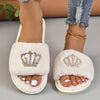 Glitzy Rhinestone Crown Fuzzy Slippers - Ultra-Soft Open Toe Plush Shoes - Luxurious Cloud Sole, Year-Round Warmth for Cozy Home Leisure