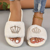 Glitzy Rhinestone Crown Fuzzy Slippers - Ultra-Soft Open Toe Plush Shoes - Luxurious Cloud Sole, Year-Round Warmth for Cozy Home Leisure