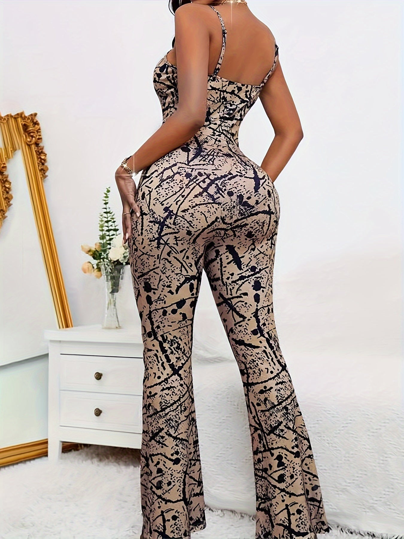 Vibrant Splash Ink Print Flare Leg Jumpsuit - Sexy Sleeveless Cami Style, Mid-Elastic Polyester Unitard for Summer - Customized, Random Printing, Collarless, Knit Fabric