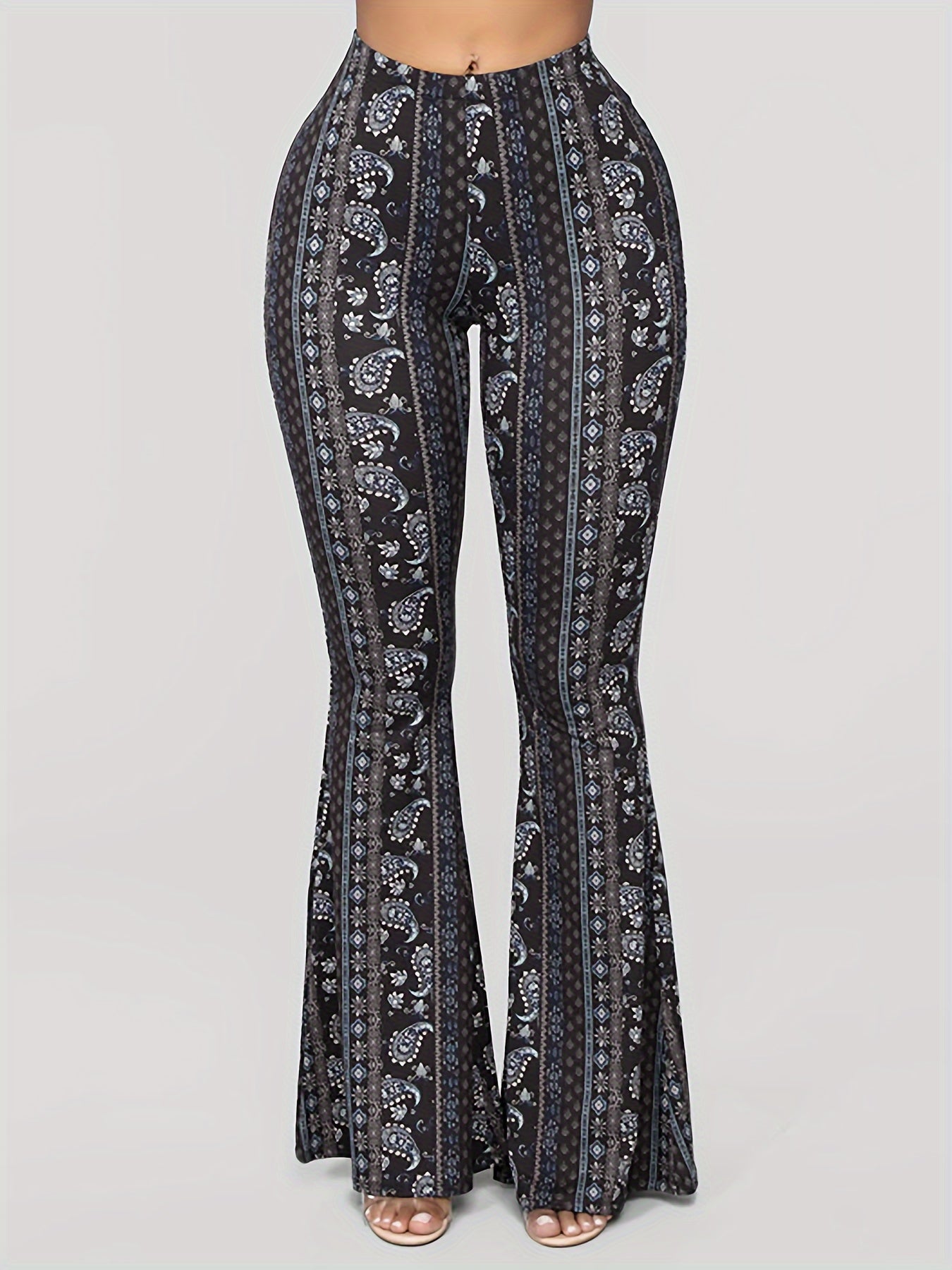 Women's High Waist Sexy Flare Pants - 100% Polyester Knitted Fabric, Paisley Print, All Season, Casual Bell Bottoms