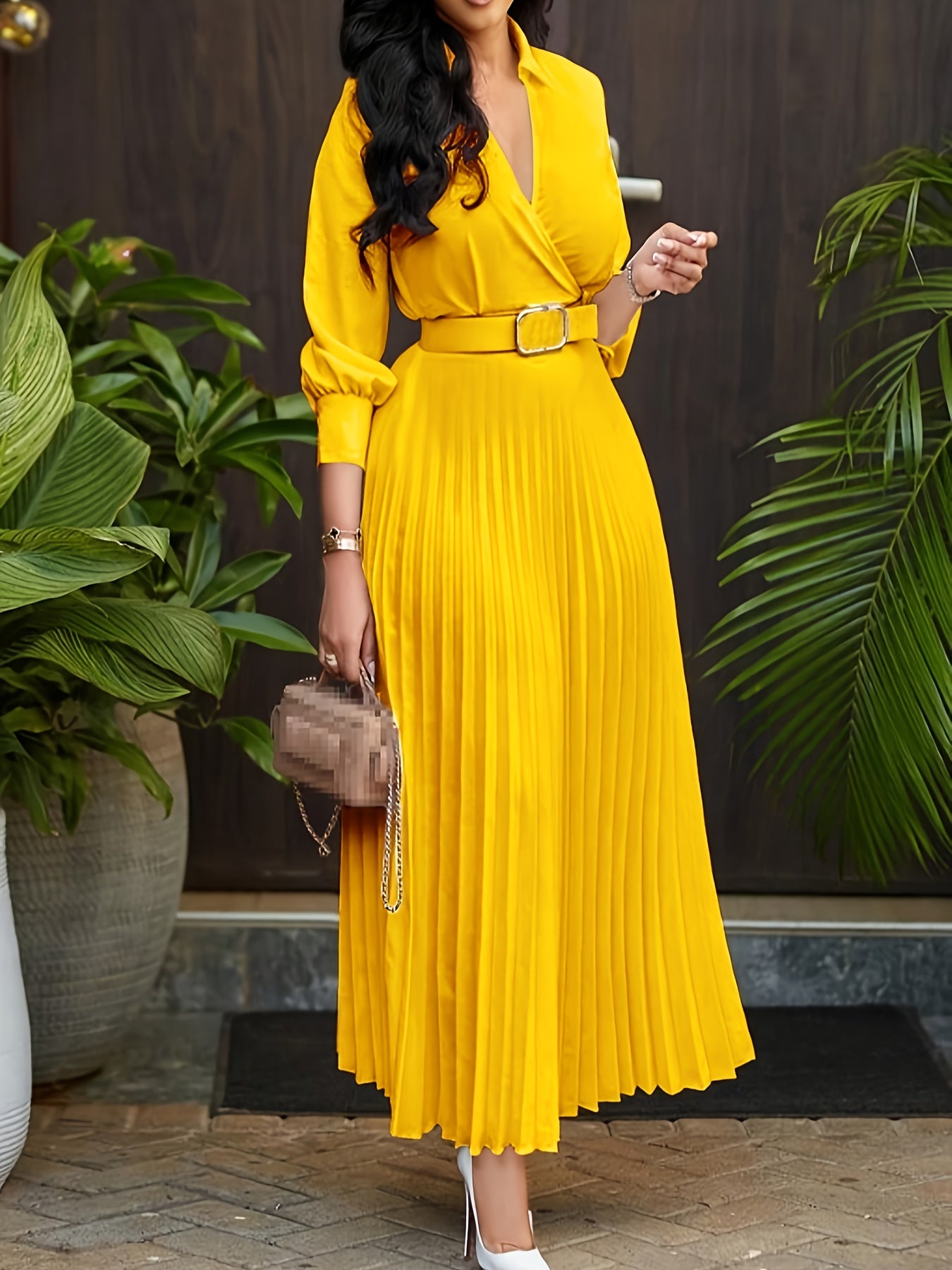 Polyester 100% A-Line Elegant Red Midi Dress - Pleated Swing Dress with Belt, Lapel Collar, Woven Solid Color - Spring/Fall Season, Adult Fashion for Women