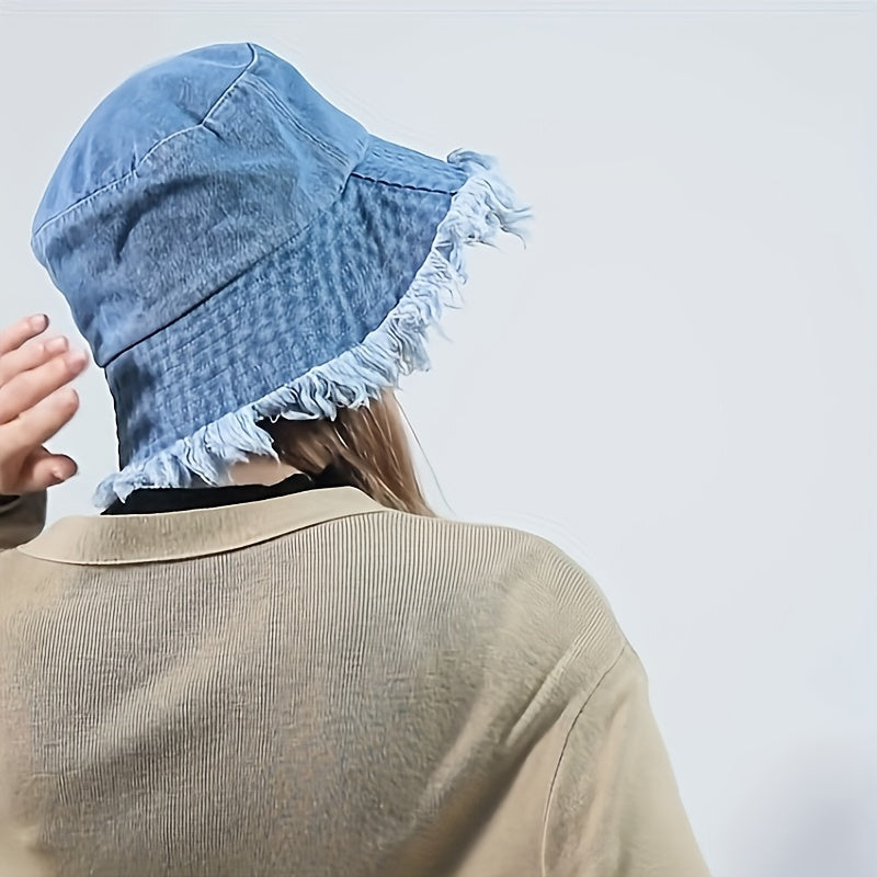 Stylish Basin Bucket Hat - Lightweight, Distressed, Raw Hem, Casual Sunshade Fisherman Cap for Women and Girls - Blue Denim Washed, Soft, Breathable, Adjustable, Perfect for Outdoor Activities