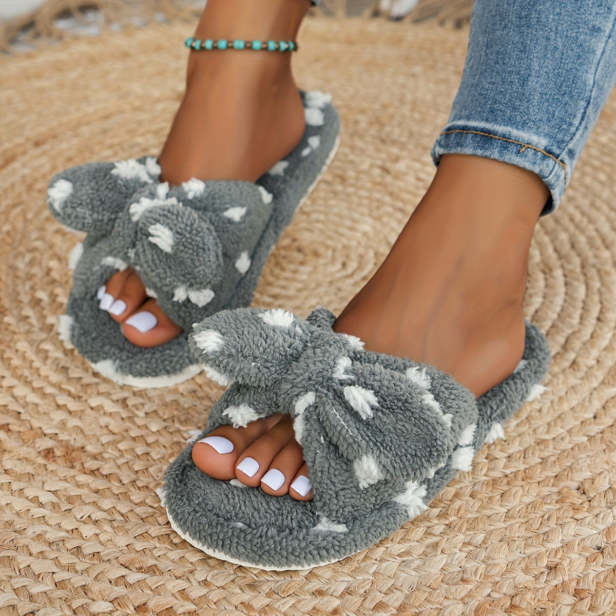 Women's Casual Polka Dot Pattern Slippers with Cute Bow, Comfortable Warm Plush Indoor House Shoes, Fabric Upper/Inner, EVA Sole, Hand Washable - Spring/Fall Season, House Slippers