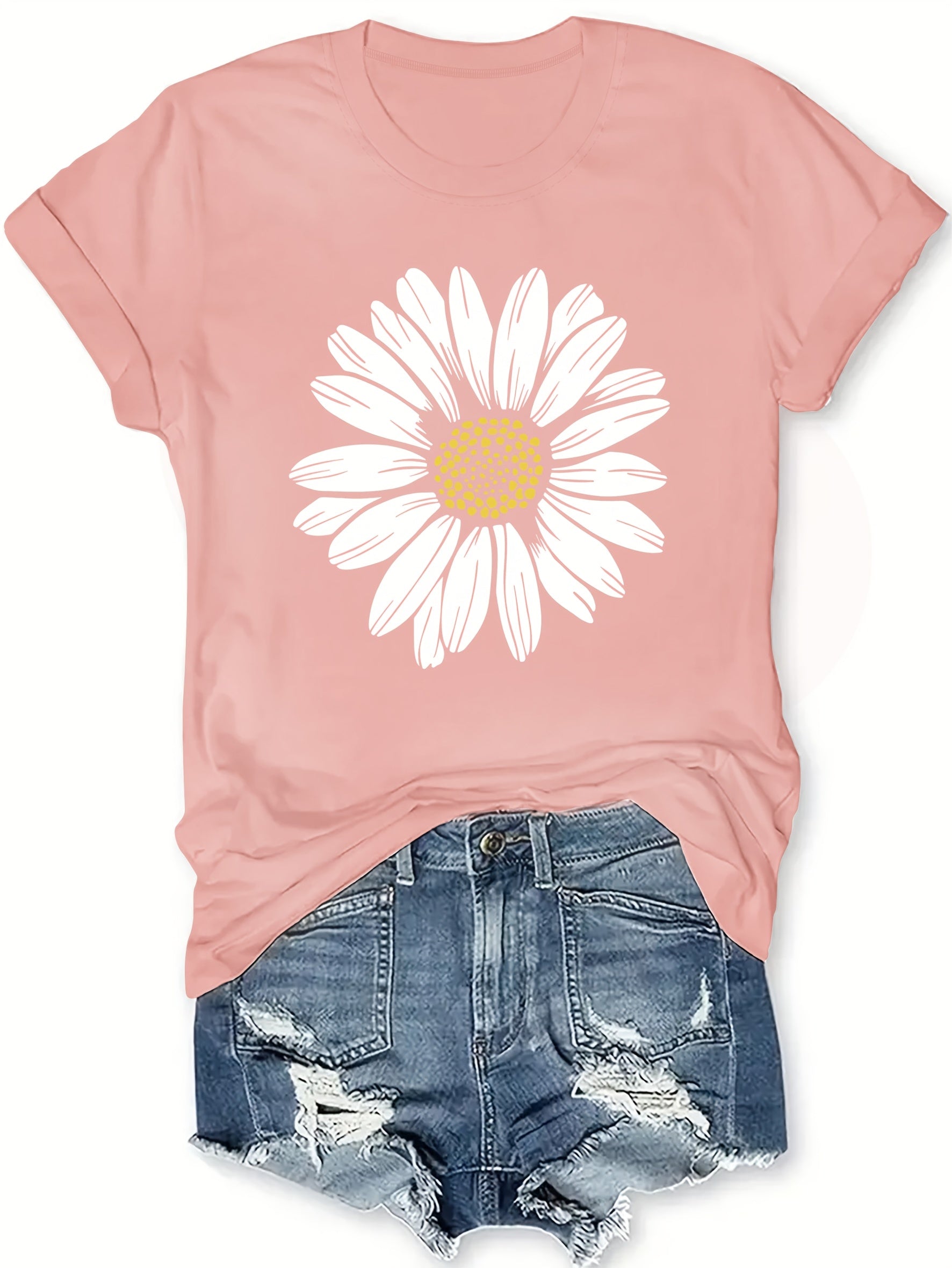 Women's Casual Daisy Flower Print T-Shirt - Soft Polyester Crew Neck Tee, Black with White Daisy Design, Short Sleeve, Perfect for Summer Outfits, Ladies T Shirts