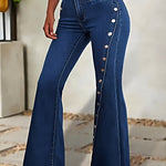 Vibrant Washed Blue Retro Style Flare Leg Stretchy Denim Pants - Zipper Button Closure, Comfortable & Versatile Women's Jeans with Decorative Buttons - Perfect for Casual Daily Wear, Outdoor Activities & More