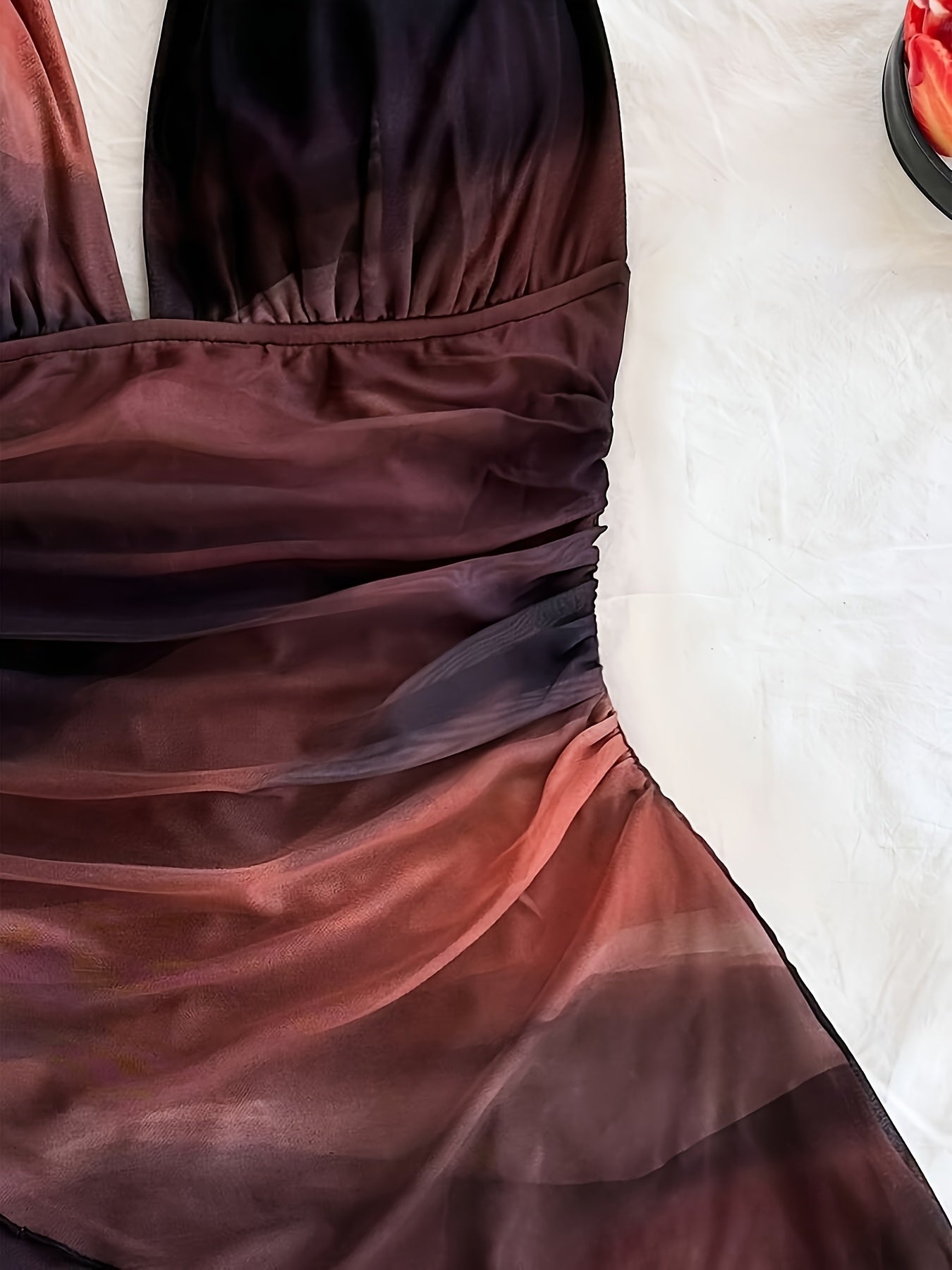 Women'S Fashionable Ombre V-Neck Dress - Asymmetrical Sleeveless Maxi Dress with Ribbon Detail, Perfect for Spring/Summer Vacation, Vacation Attire|Asymmetrical Hemline|Ribbon Accent, Beach Dress
