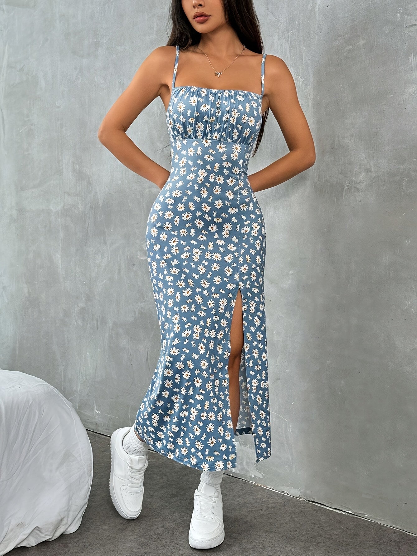 Women's Elegant Floral Print Knit Midi Dress with Adjustable Thin Straps, Ruffled Hem & Split Side - Yellow Off-Shoulder Vacation Dress for Spring & Summer, Summer Outfit | Offshoulder Dress | Stylish Design, Cute Dresses